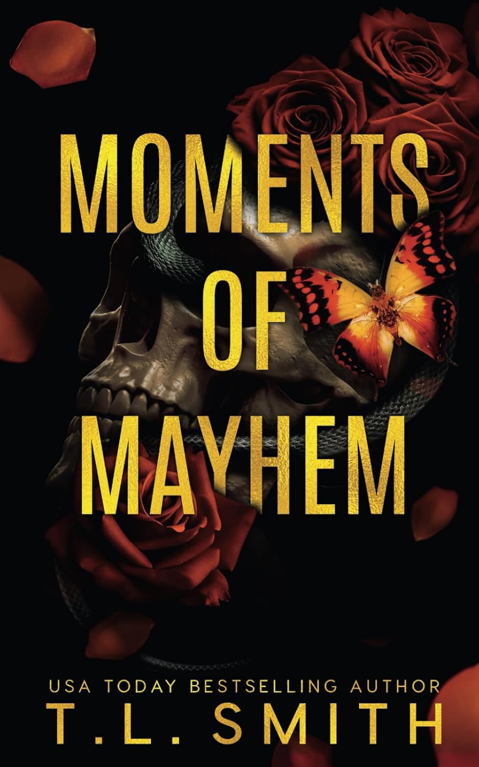Book cover of 'Moments of Mayhem' with skull, roses, and butterfly on a dark background. Customers seeking reader-friendly printed books across Bangladesh can choose them through Bookish Wonderland, supported by Cash on Delivery across Bangladesh and premium eye-soothing cream paper.