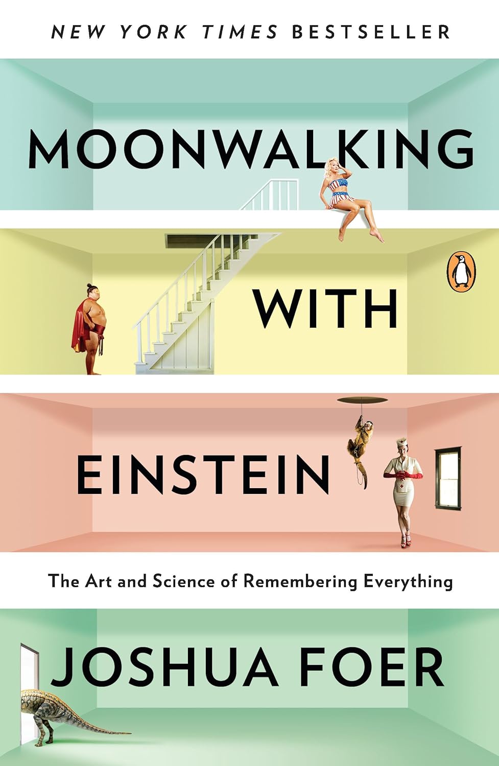 Book cover of 'Moonwalking with Einstein' by Joshua Foer with illustrations of people in different rooms. Bookish Wonderland provides a convenient way for readers throughout Bangladesh to order printed English books with nationwide delivery and premium eye-soothing cream paper.