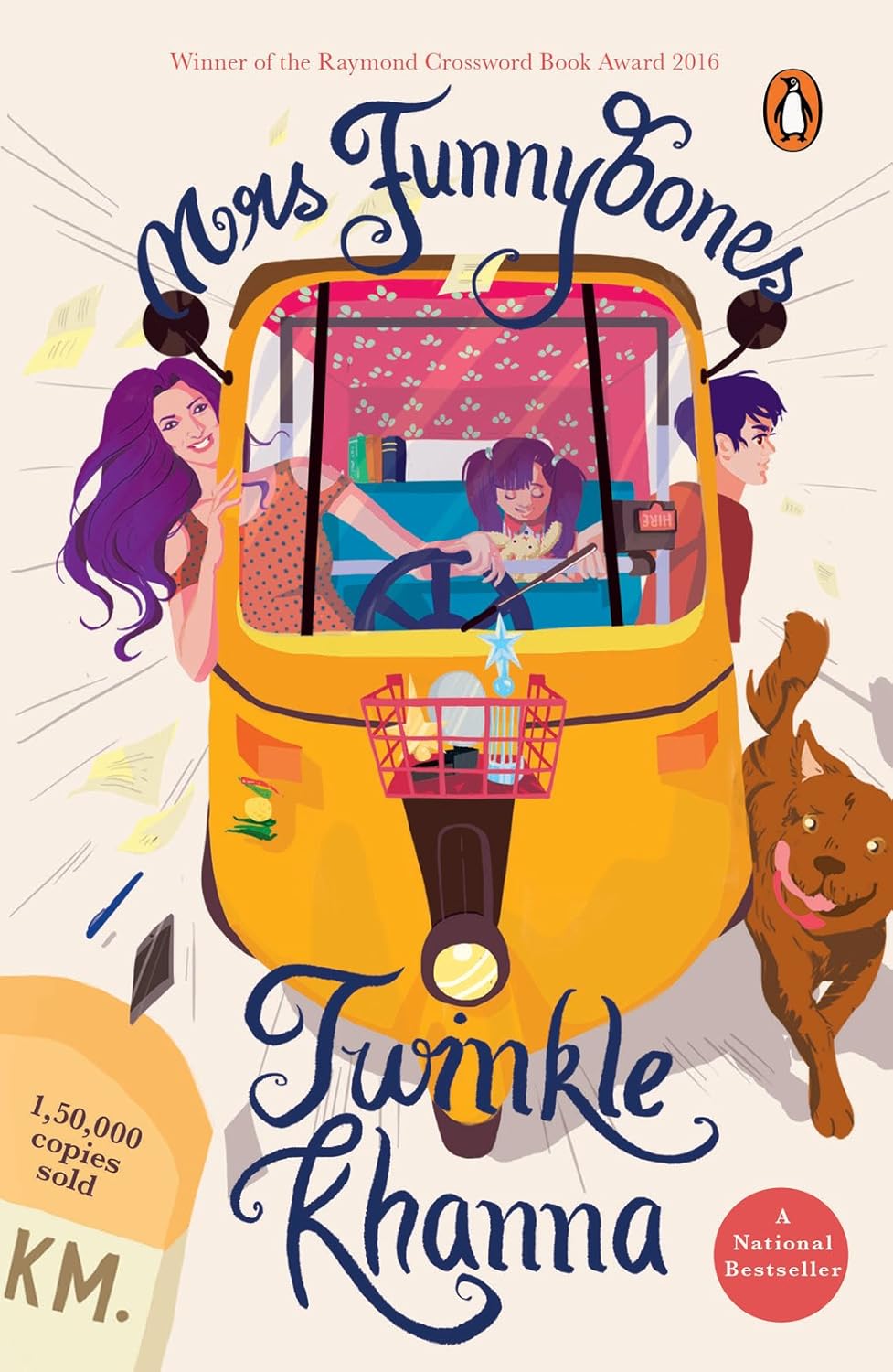 Book cover of 'Mrs Funnybones' by Twinkle Khanna with a yellow car illustration and characters inside. Bookish Wonderland provides a convenient way for readers throughout Bangladesh to shop for printed English books with nationwide delivery and sharp text and durable binding.