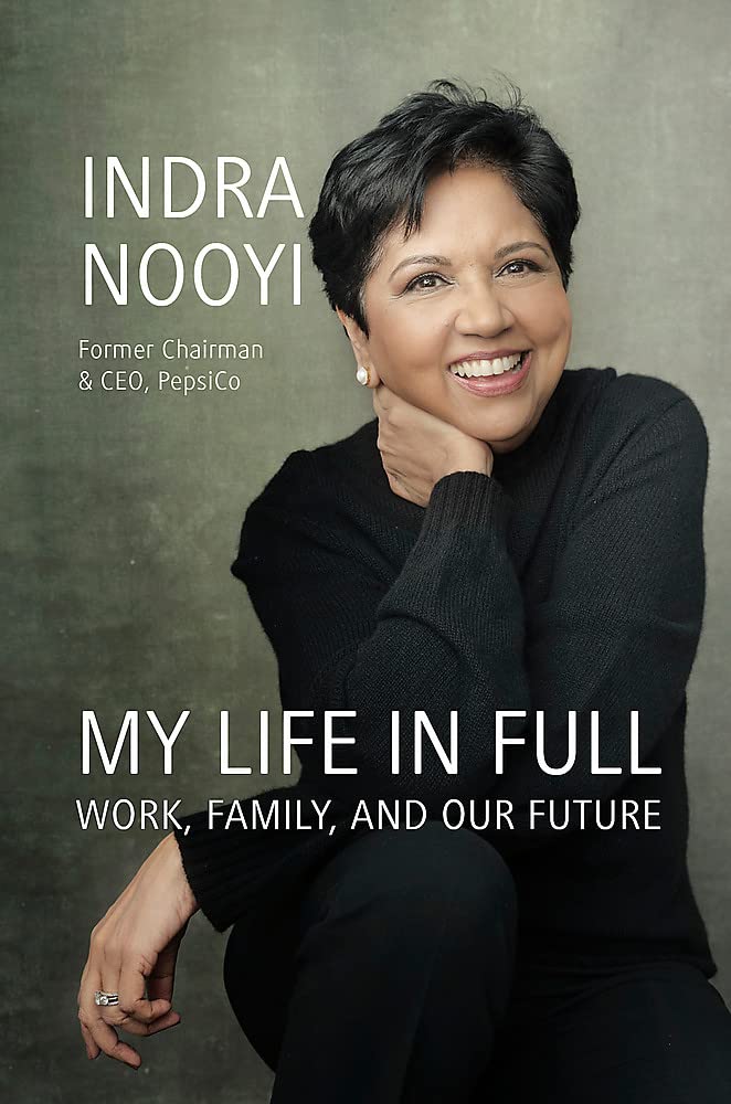 Indra Nooyi with text about her book 'My Life in Full' on a gray background. For online book buying across Bangladesh, Bookish Wonderland lets readers choose quality English books with nationwide delivery and attention to high-quality stitched and glue binding.