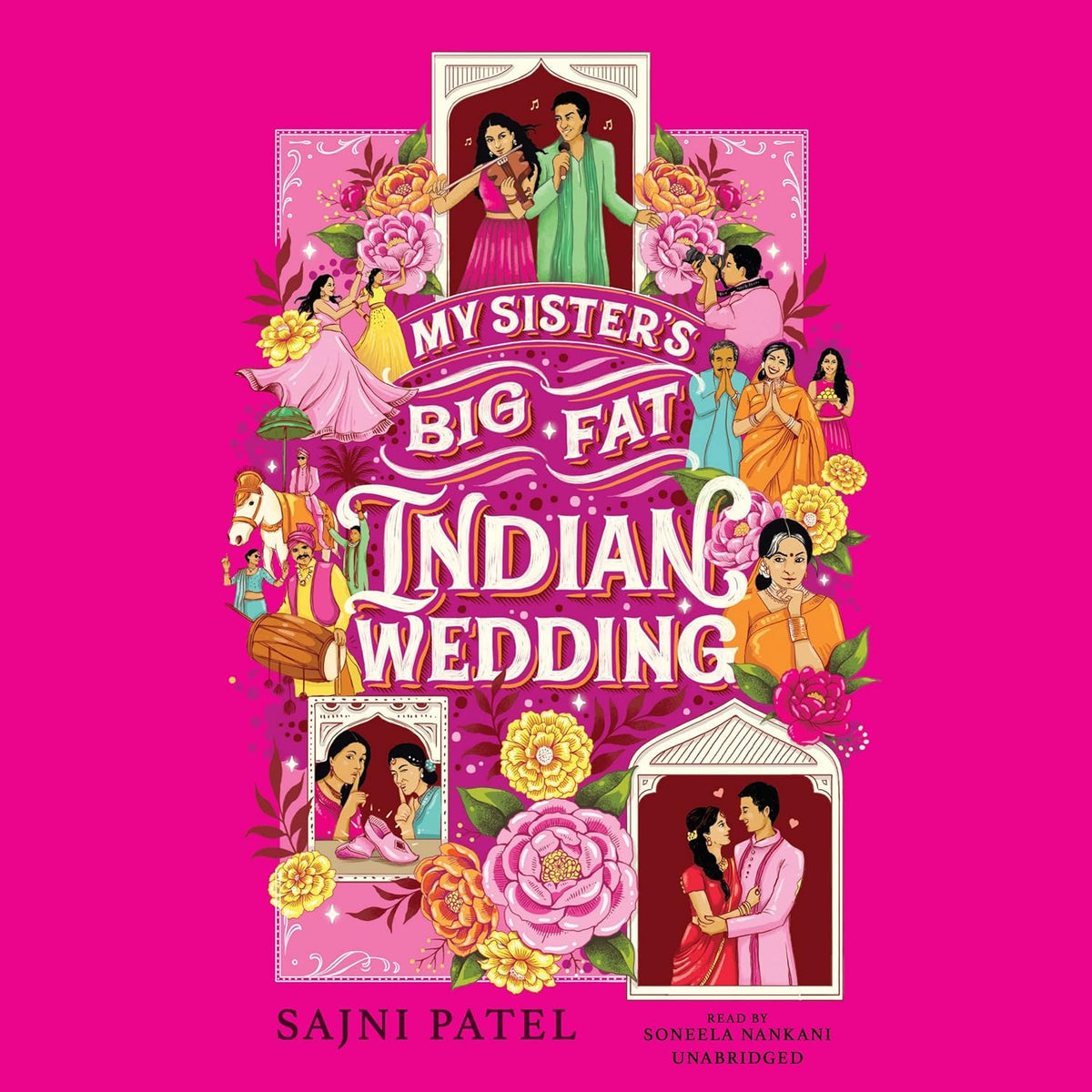 Book cover of 'My Sister's Big Fat Indian Wedding' with colorful illustrations on a pink background. Customers seeking books for study and leisure throughout Bangladesh can buy them through Bookish Wonderland, supported by urgent delivery options in Dhaka and crystal-clear print.