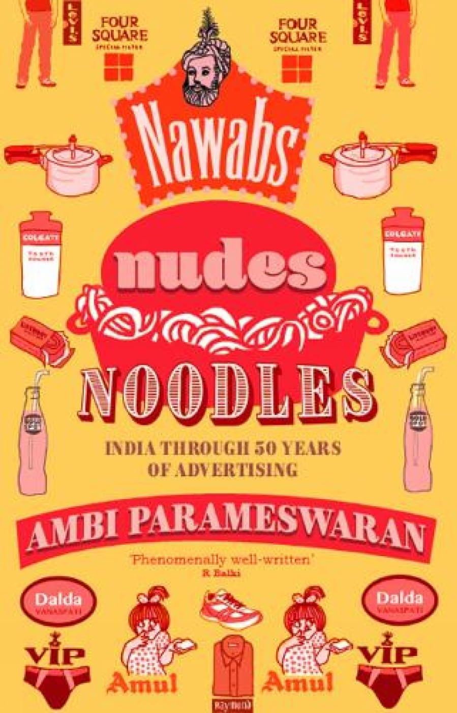 Book cover of 'Nawabs Nudes Noodles' with illustrations and text on a yellow background. For customers across Bangladesh, Bookish Wonderland makes it easier to buy quality English books through nationwide delivery and high-quality stitched and glue binding.