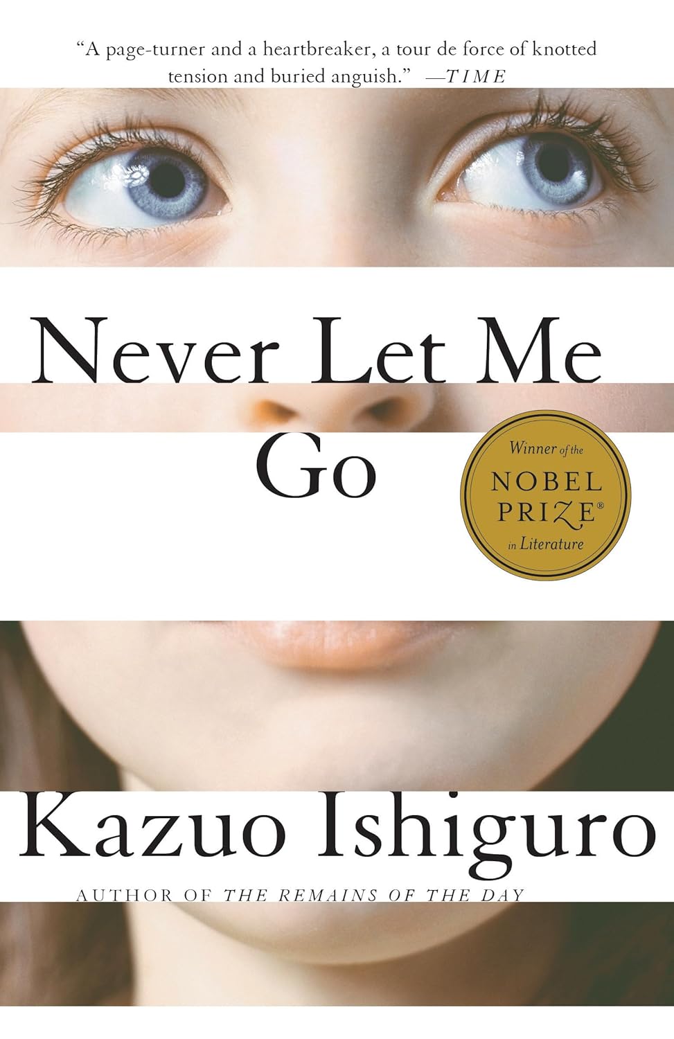 Book cover of 'Never Let Me Go' by Kazuo Ishiguro with a close-up of a person's face. Customers seeking printed English books across Bangladesh can shop for them through Bookish Wonderland, supported by convenient delivery across Bangladesh and premium eye-soothing cream paper.