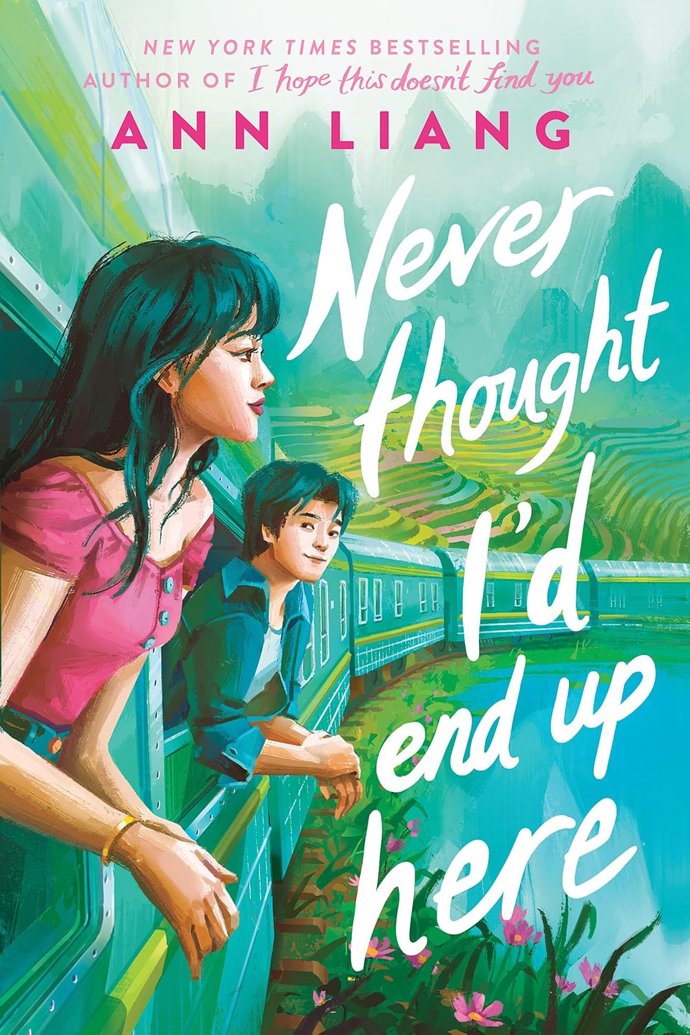 Book cover of 'Never Thought I'd End Up Here' by Ann Liang with two characters on a train. Bookish Wonderland serves readers throughout Bangladesh with reader-friendly printed books, making it simple to choose online through delivery inside and outside Dhaka and high-quality stitched and glue binding.