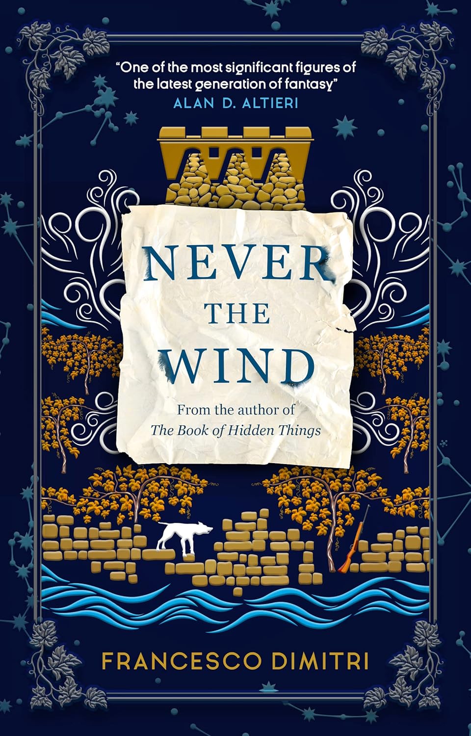 Book cover of 'Never the Wind' with decorative elements on a dark blue background. Bookish Wonderland supports book lovers across Bangladesh who want to choose English books, offering delivery inside and outside Dhaka plus high-quality stitched and glue binding.