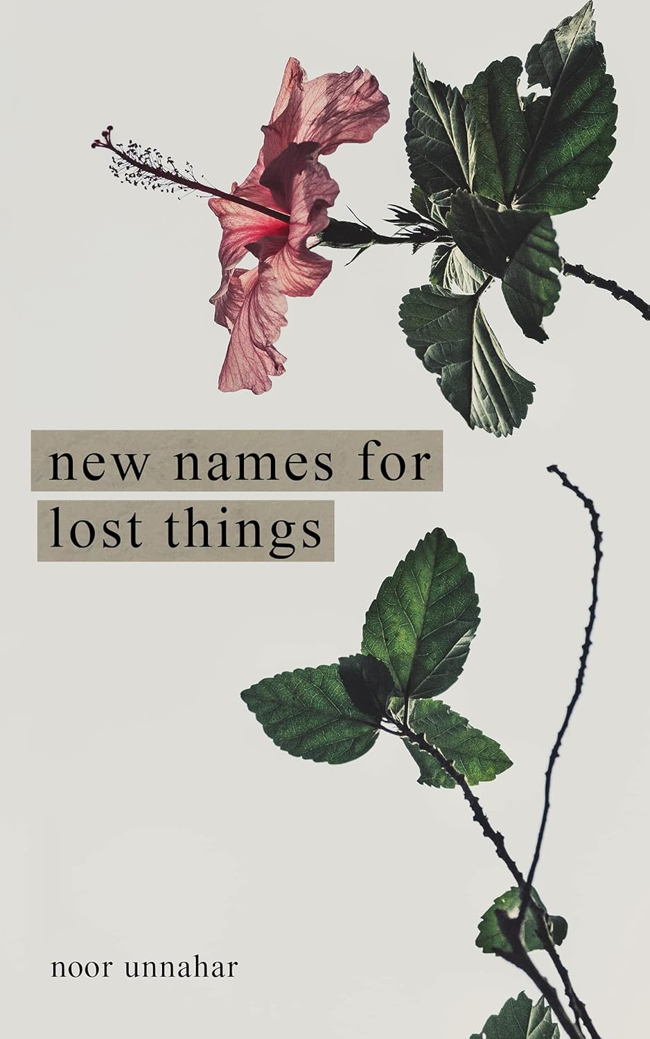 Book cover with pink flower and green leaves on a light gray background, featuring the title 'new names for lost things' and author 'noor unnahar'. Bookish Wonderland serves readers throughout Bangladesh with durable printed books, making it simple to find online through online ordering with home delivery and high-quality stitched and glue binding.