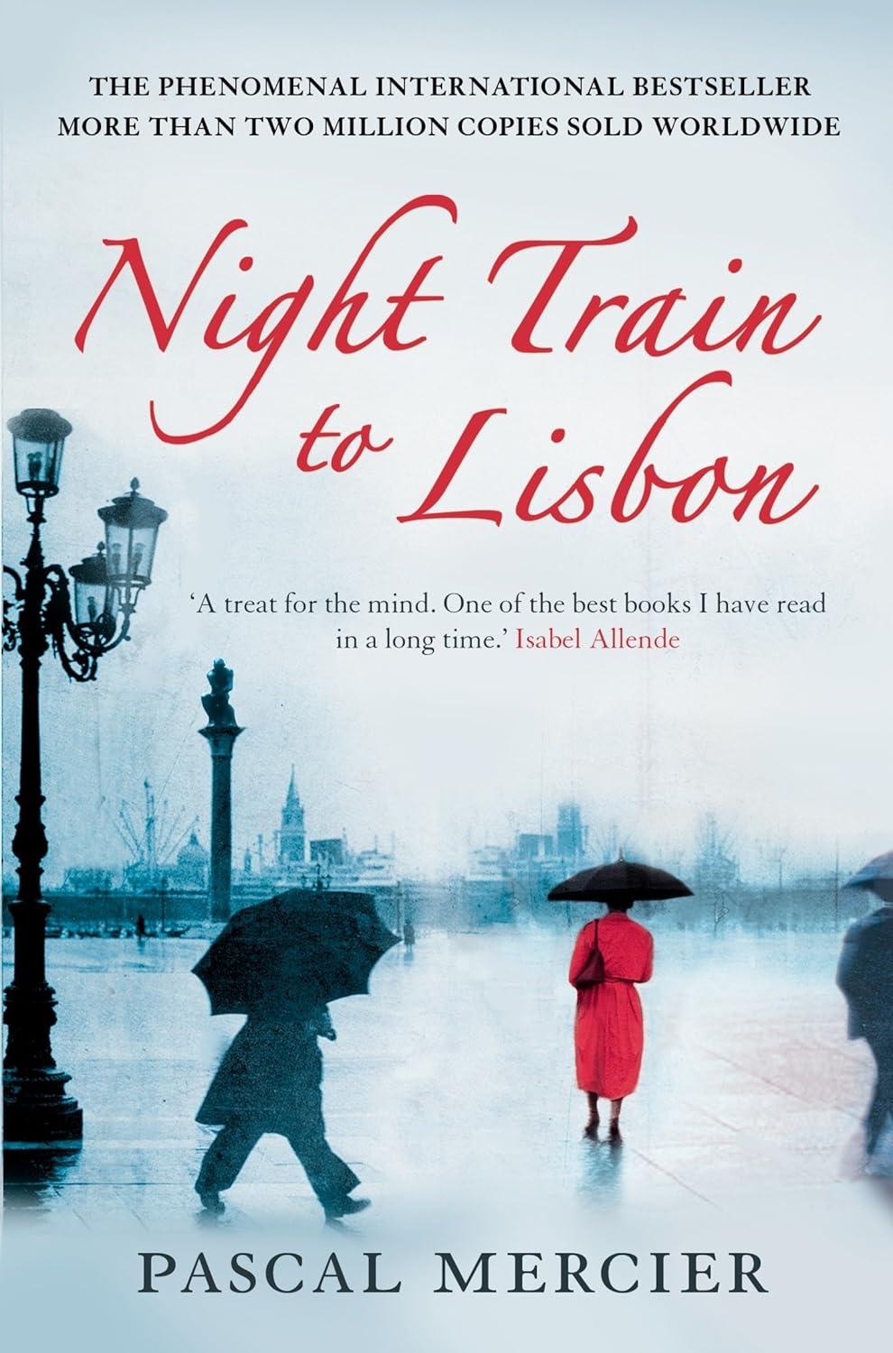 Book cover of 'Night Train to Lisbon' with a silhouette of a person in a red coat walking in the rain. Customers seeking premium-quality books across Bangladesh can shop for them through Bookish Wonderland, supported by urgent delivery options in Dhaka and crystal-clear print.