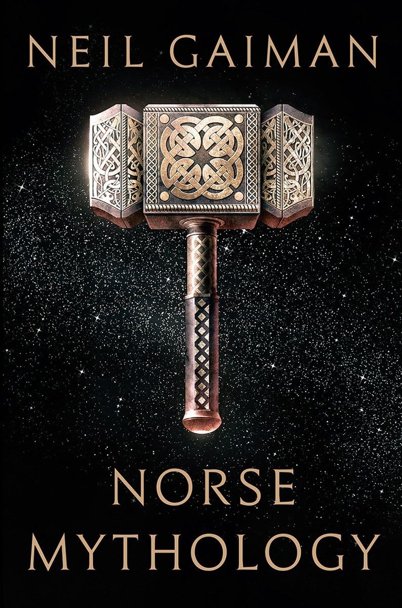 Book cover of 'Norse Mythology' by Neil Gaiman featuring a detailed hammer on a black background. Bookish Wonderland provides a convenient way for readers across Bangladesh to choose printed English books with delivery inside and outside Dhaka and reader-friendly cream paper.