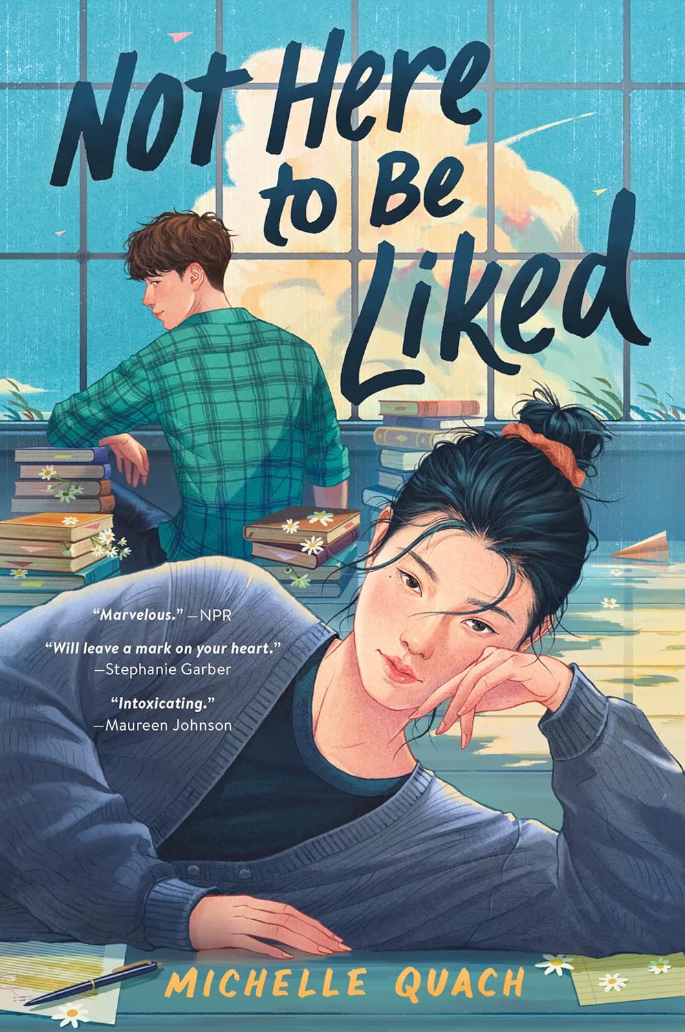 Book cover of 'Not Here to Be Liked' with two characters in a library setting. Bookish Wonderland helps readers across Bangladesh purchase English books online with fast delivery options in Dhaka and a focus on reader-friendly cream paper.