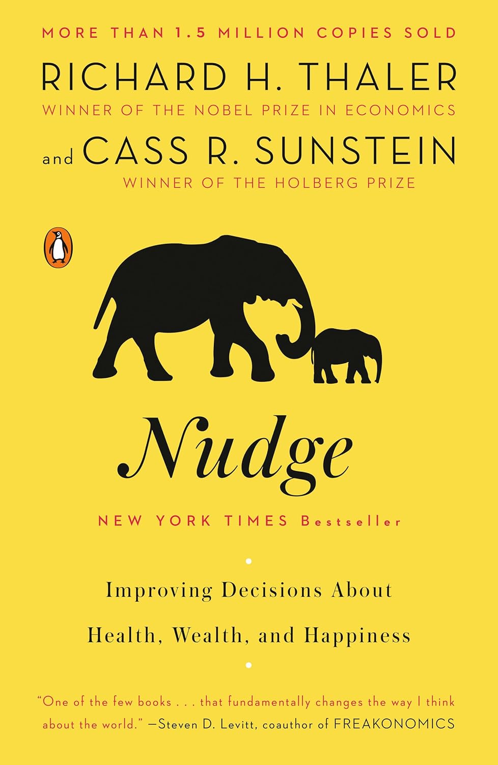 Book cover of 'Nudge' by Richard H. Thaler and Cass R. Sunstein with an elephant and calf silhouette on a yellow background. For online book buying throughout Bangladesh, Bookish Wonderland lets readers choose printed English books with convenient delivery across Bangladesh and attention to comfortable cream paper and clear printing.