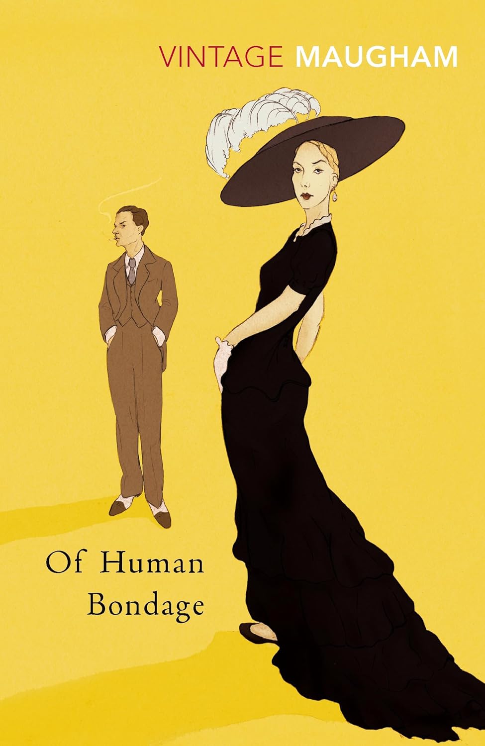 Book cover of 'Of Human Bondage' by W. Somerset Maugham with illustrations of a man and woman on a yellow background. For customers across Bangladesh, Bookish Wonderland makes it easier to purchase quality English books through fast delivery options in Dhaka and durable stitched-and-glue binding.