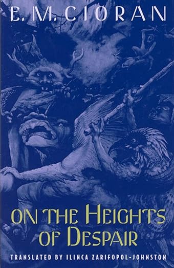 Book cover of 'On the Heights of Despair' by E.M. Cioran with dark blue and black illustrations. Online shoppers across Bangladesh can shop for printed English books at Bookish Wonderland with Cash on Delivery across Bangladesh and editions featuring crystal-clear print.