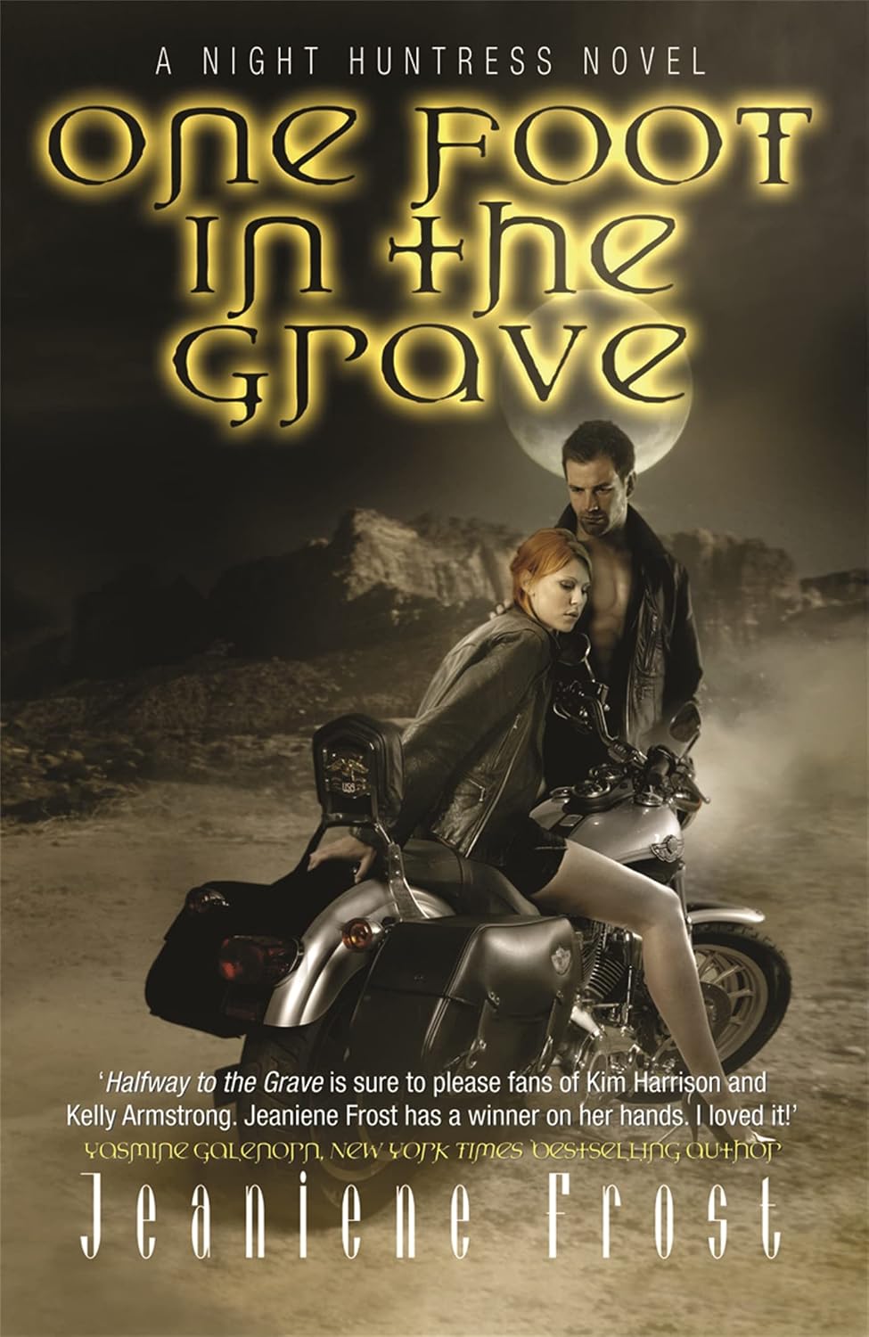 Book cover of 'One Foot in the Grave' by Jeaniene Frost featuring a couple on a motorcycle. Bookish Wonderland is a growing book brand in Bangladesh.