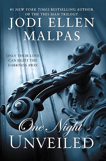 Book cover of 'One Night Unveiled' by Jodi Ellen Malpas with decorative metalwork and blue tones. price in BD