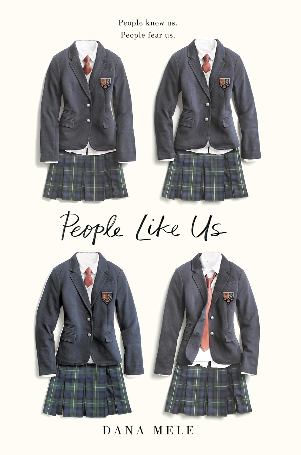 Four identical school uniforms with a book title 'People Like Us' by Dana Mele on a white background. Online shoppers throughout Bangladesh can buy English books at Bookish Wonderland with delivery inside and outside Dhaka and editions featuring premium eye-soothing cream paper.