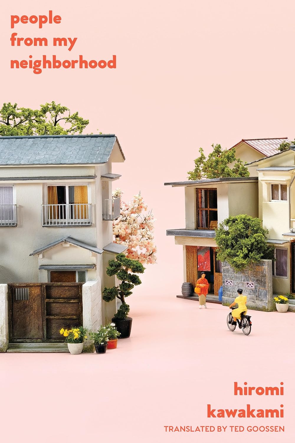 Book cover of 'People from My Neighborhood' by Hiromi Kawakami with a pink background and small houses. Readers across Bangladesh can purchase books for study and leisure from Bookish Wonderland with urgent delivery options in Dhaka, while enjoying durable stitched-and-glue binding.