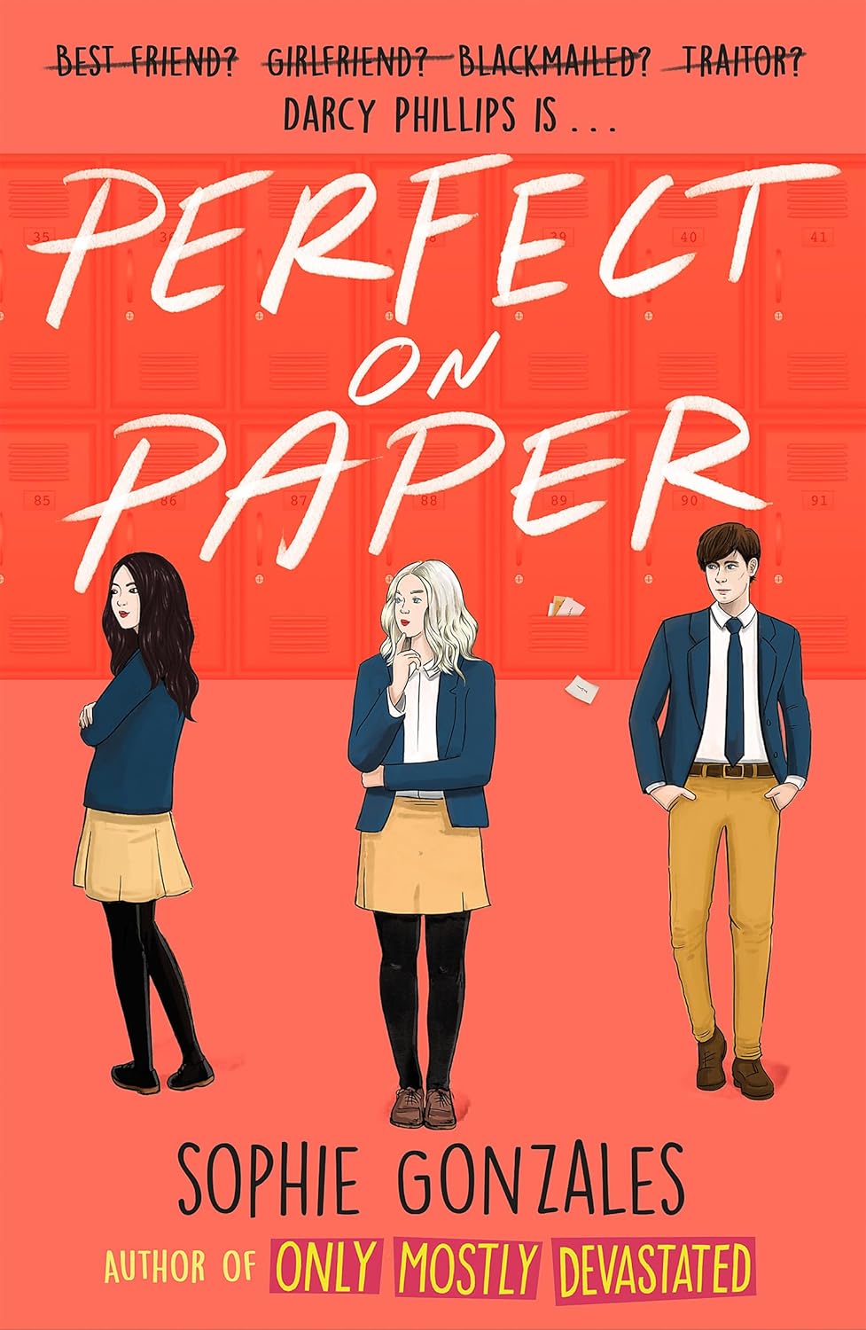 Book cover of 'Perfect on Paper' by Sophie Gonzales with three characters and a red background. Readers across Bangladesh can find printed English books from Bookish Wonderland with convenient delivery across Bangladesh, while enjoying clear print with strong binding.