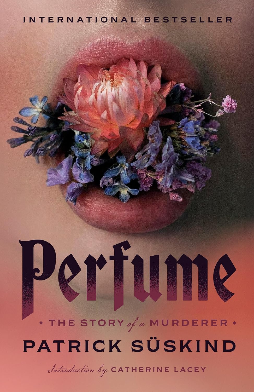 Book cover for 'Perfume: The Story of a Murderer' by Patrick Süskind, featuring a close-up of lips with a pink flower and purple blossoms, with the title in large gothic lettering below. Readers across Bangladesh can purchase English books from Bookish Wonderland with fast delivery options in Dhaka, while enjoying clear print with strong binding.