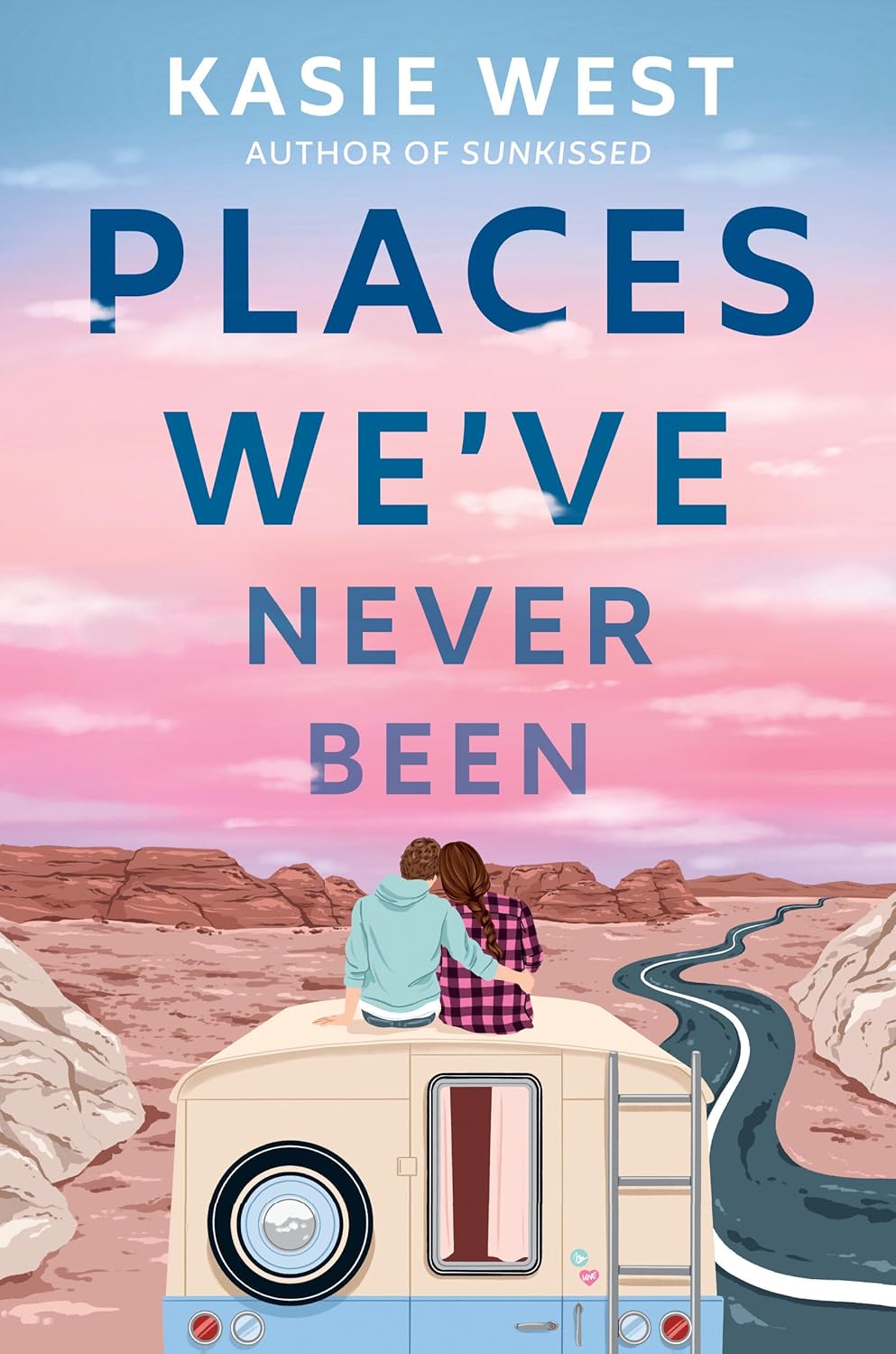 Book cover of 'Places We've Never Been' by Kasie West with a couple on a camper van in a desert. For online book buying across Bangladesh, Bookish Wonderland lets readers discover reader-friendly printed books with fast delivery options in Dhaka and attention to crystal-clear print.