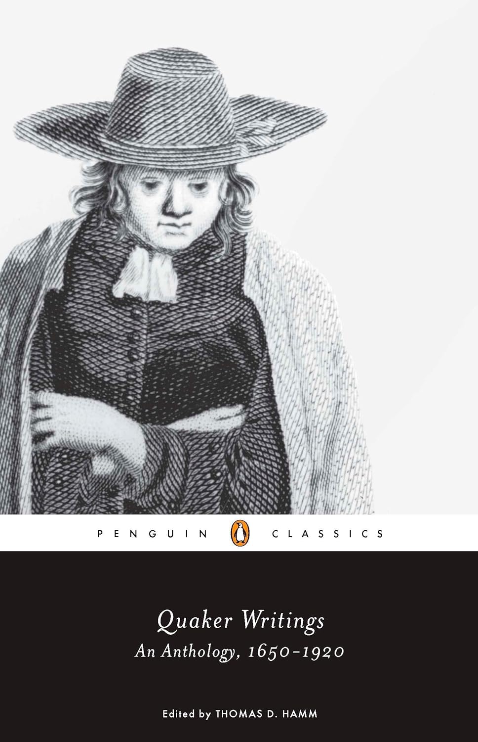 Book cover of 'Quaker Writings: An Anthology, 1650-1920' with a black and white illustration of a Quaker on a white background. For online book buying across Bangladesh, Bookish Wonderland lets readers shop for durable printed books with delivery inside and outside Dhaka and attention to comfortable cream paper and clear printing.