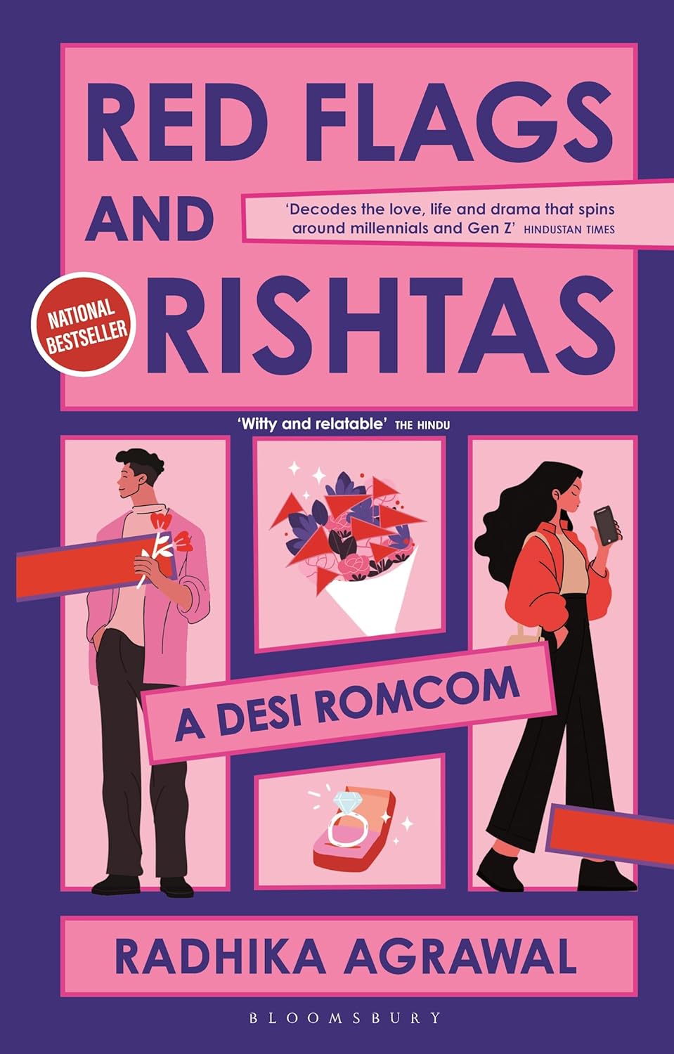 Book cover of 'Red Flags and Rishtas' by Radhika Agrawal with illustrations and text on a pink and purple background. Customers seeking printed English books across Bangladesh can choose them through Bookish Wonderland, supported by convenient delivery across Bangladesh and sharp text and durable binding.
