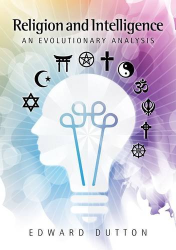 Book cover of 'Religion and Intelligence: An Evolutionary Analysis' by Edward Dutton with symbols and a light bulb illustration. Customers seeking printed English books across Bangladesh can get them through Bookish Wonderland, supported by urgent delivery options in Dhaka and comfortable cream paper and clear printing.