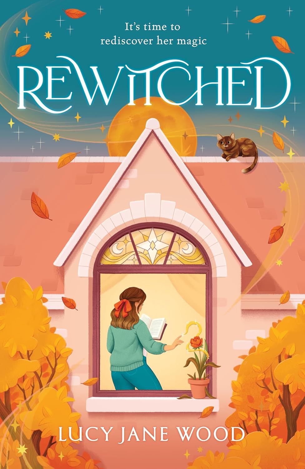 Book cover of 'Rewitched' by Lucy Jane Wood with a woman looking out a window, surrounded by autumn elements. For customers across Bangladesh, Bookish Wonderland makes it easier to find English books through online ordering with home delivery and premium eye-soothing cream paper.