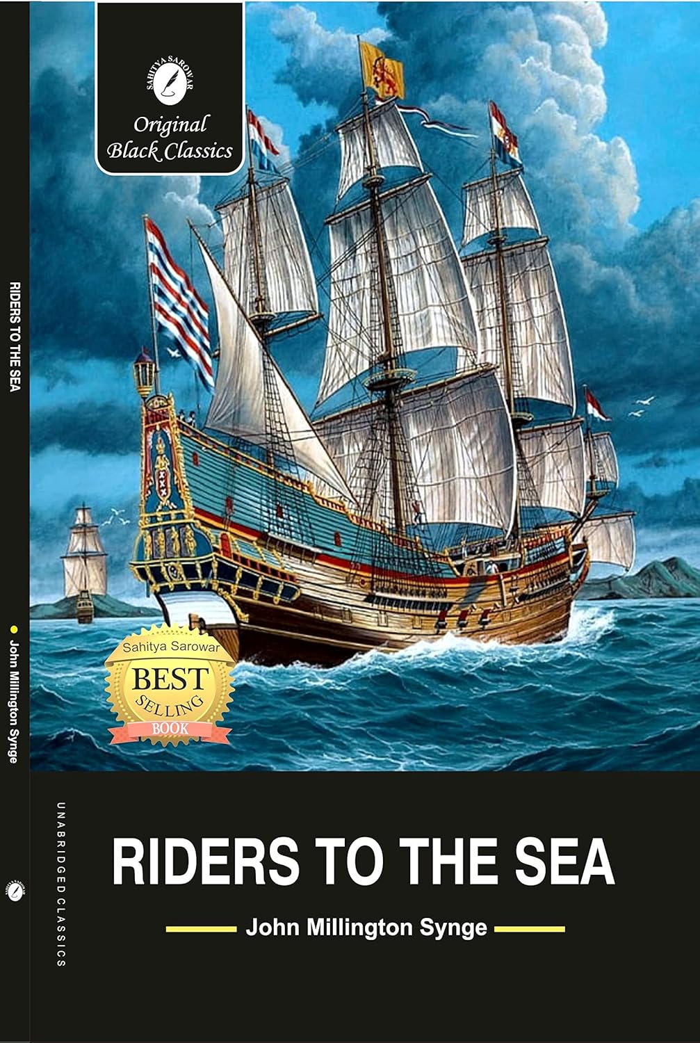 Book cover of 'Riders to the Sea' with a ship illustration on a blue background. For customers across Bangladesh, Bookish Wonderland makes it easier to purchase reader-friendly printed books through fast delivery options in Dhaka and clear print with strong binding.