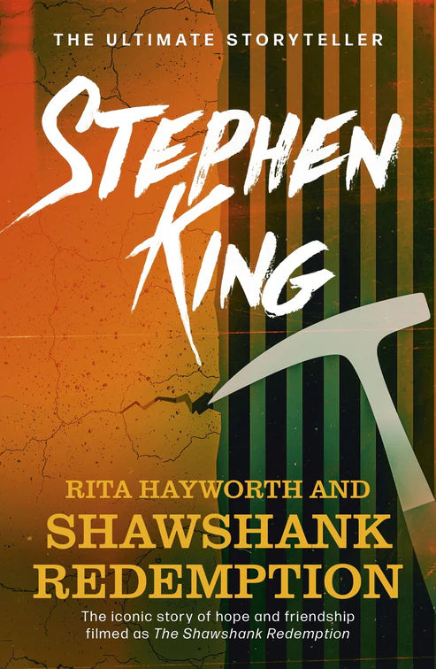 Book cover of 'Rita Hayworth and Shawshank Redemption' by Stephen King with a hammer and striped background. For customers across Bangladesh, Bookish Wonderland makes it easier to purchase printed English books through customer-friendly ordering and delivery and high-quality stitched and glue binding.