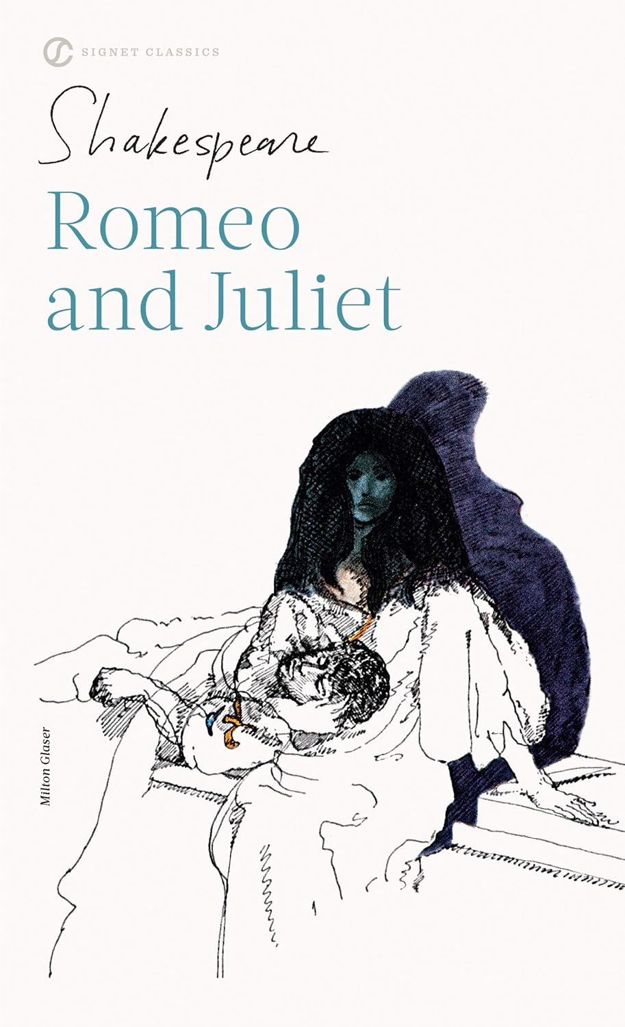 Book cover for Shakespeare's Romeo and Juliet, featuring a white background with elegant black and blue typography and a sketch-style illustration of Romeo and Juliet embracing. For customers across Bangladesh, Bookish Wonderland makes it easier to get books for everyday reading through online ordering with home delivery and sharp text and durable binding.