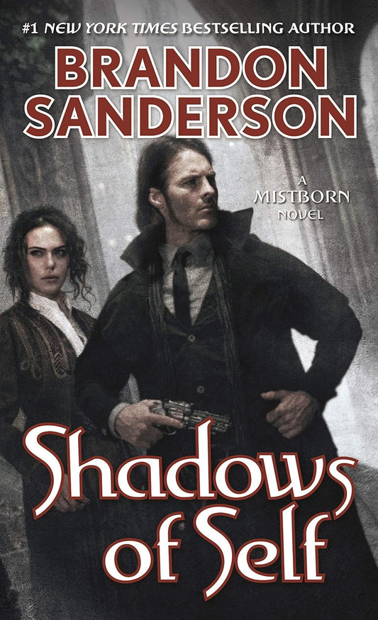 Book cover of 'Shadows of Self' by Brandon Sanderson featuring two characters in a dimly lit room. Book in best price in Bangladesh.