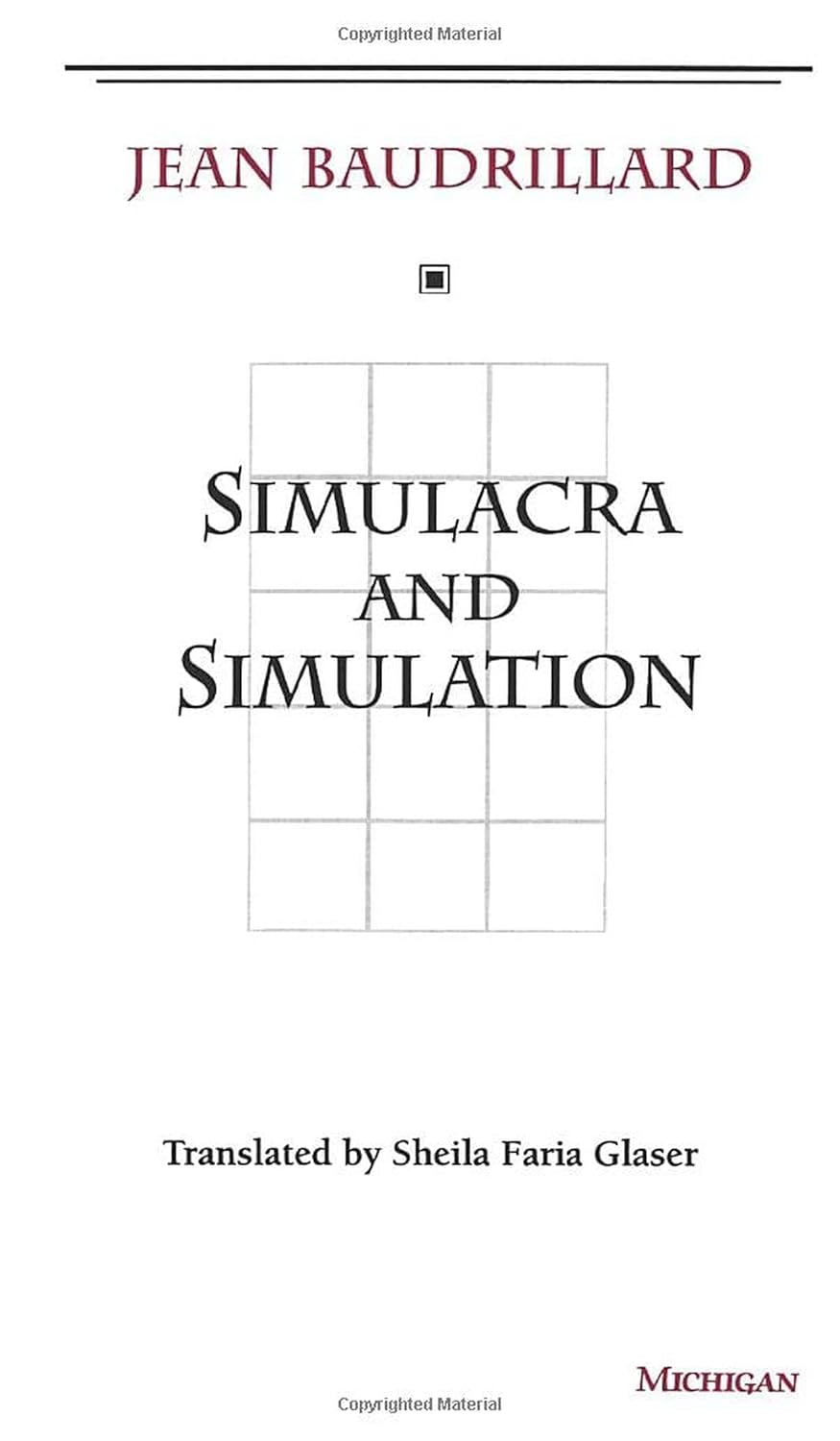 Book cover of 'Simulacra and Simulation' by Jean Baudrillard with grid design on a white background.