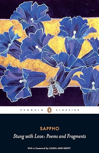 Book cover of 'Stung with Love: Poems and Fragments' by Sappho with blue flowers and a bee on a yellow and purple background.Bookish Wonderland supports book lovers across Bangladesh who want to purchase English books, offering delivery inside and outside Dhaka plus clear print with strong binding.