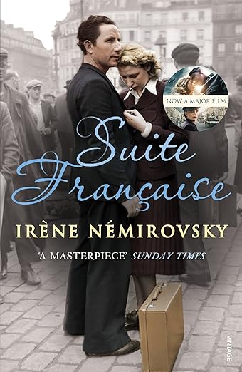 Book cover of 'Suite Française' by Irene Nemirovsky with a historical scene and text overlay.