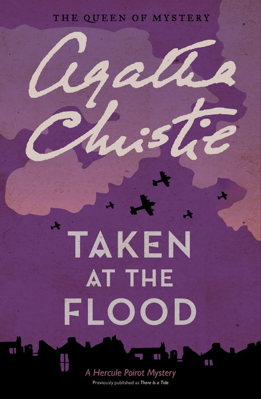 Book cover of 'Taken at the Flood' by Agatha Christie with a purple background and airplane silhouettes. Best quality in Bangladesh.
