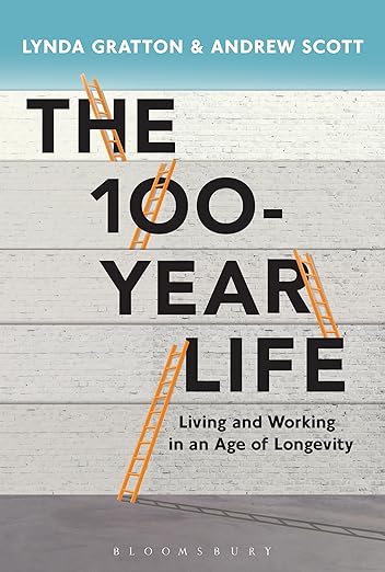 Book cover of 'The 100-Year Life' with ladders against a white brick wall. For online book buying across Bangladesh, Bookish Wonderland lets readers choose durable printed books with delivery inside and outside Dhaka and attention to premium eye-soothing cream paper.