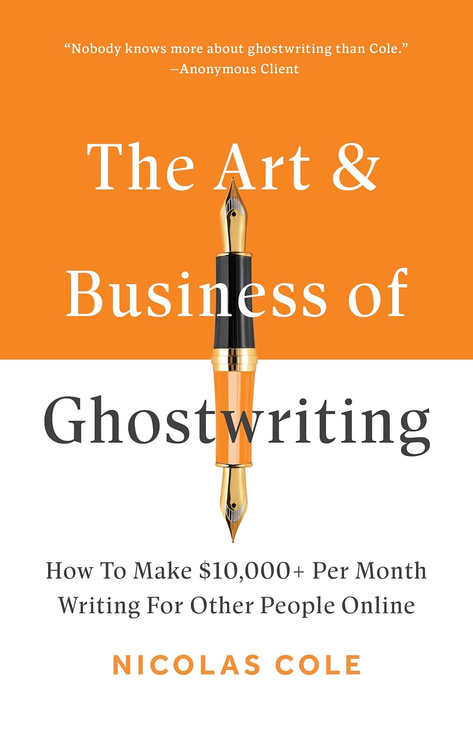 Book cover of 'The Art & Business of Ghostwriting' with a pen illustration on an orange background.