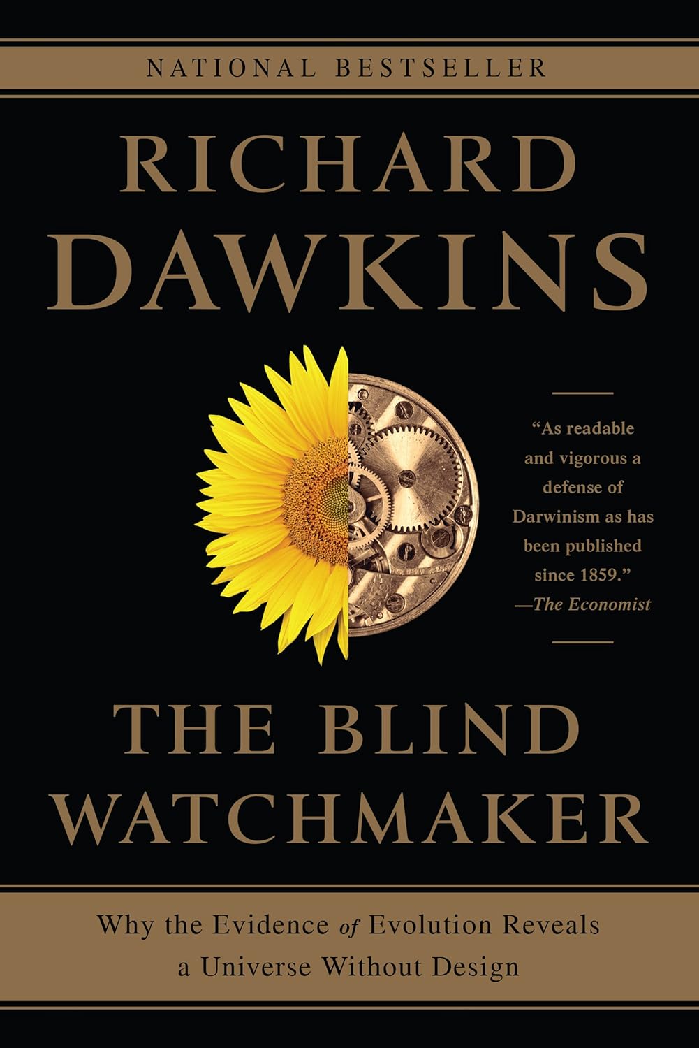 The Blind Watchmaker by Richard Dawkins book cover featuring a half-sunflower, half-clockwork design on a black background.  Readers across Bangladesh can order premium-quality books from Bookish Wonderland with online ordering with home delivery, while enjoying premium eye-soothing cream paper.
