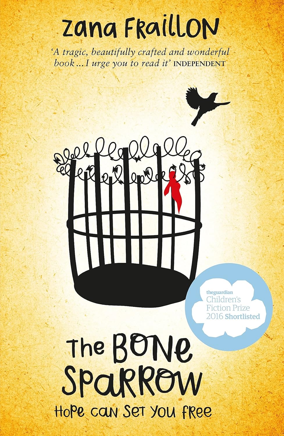 Book cover of 'The Bone Sparrow' with a birdcage and bird illustration on a yellow background. Online shoppers across Bangladesh can discover printed English books at Bookish Wonderland with fast delivery options in Dhaka and editions featuring clear print with strong binding.