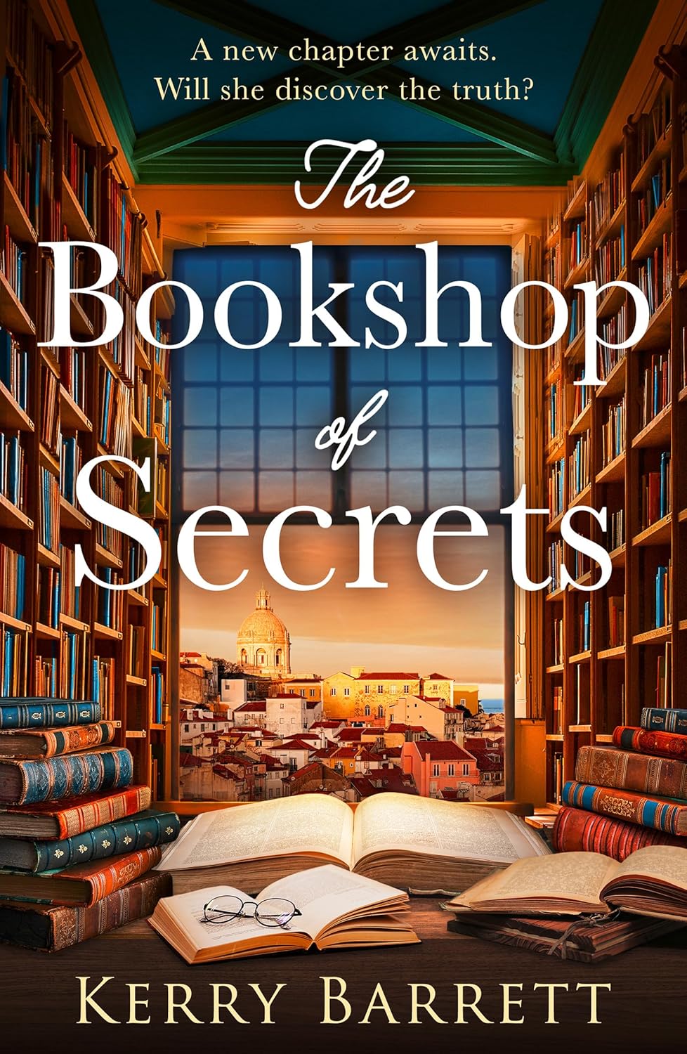 Book cover of 'The Bookshop of Secrets' by Kerry Barrett with a bookshelf and cityscape background. Online shoppers throughout Bangladesh can order premium-quality books at Bookish Wonderland with convenient delivery across Bangladesh and editions featuring high-quality stitched and glue binding.