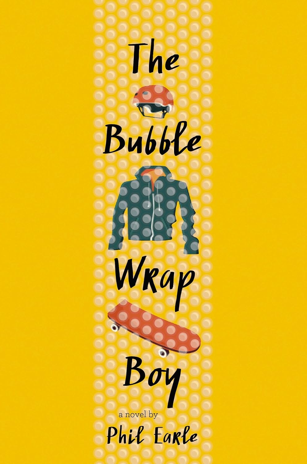 Book cover for 'The Bubble Wrap Boy' by Phil Earle, featuring a bright yellow background with a vertical dotted pattern and illustrations of a red-and-white polka dot helmet, a blue-green polka dot jacket, and a red-and-white polka dot skateboard. Bookish Wonderland provides a convenient way for readers across Bangladesh to shop for printed English books with Cash on Delivery across Bangladesh and comfortable cream paper and clear printing.