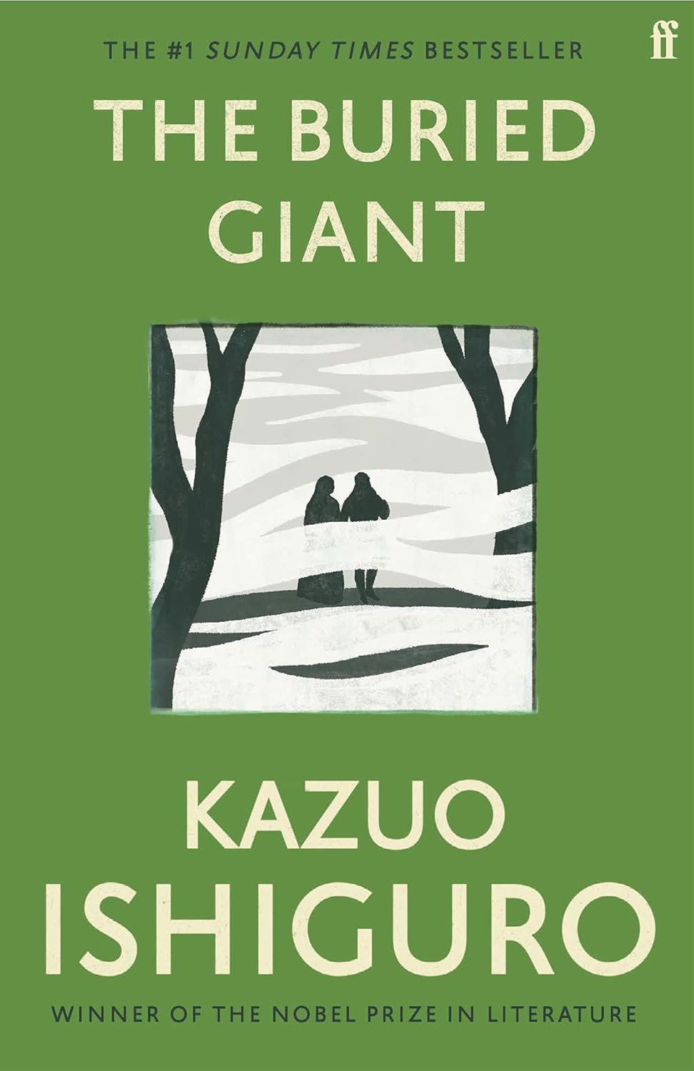 Book cover of 'The Buried Giant' by Kazuo Ishiguro with a green background and silhouette illustration.