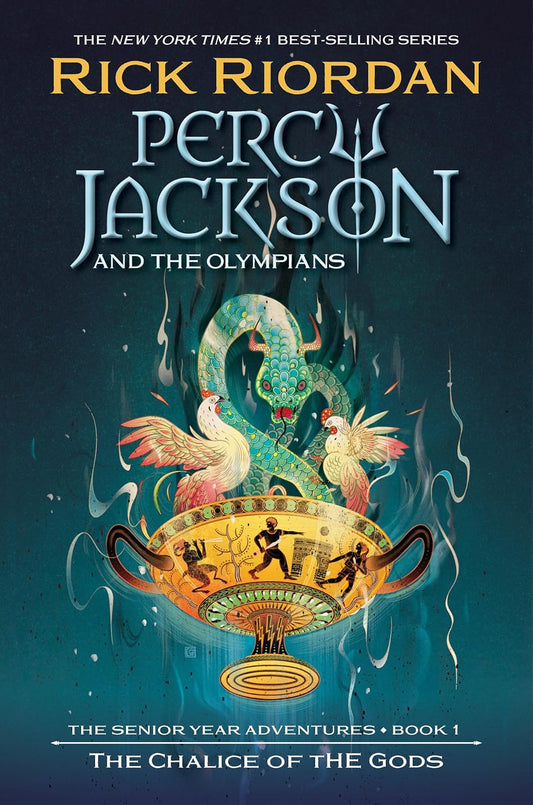 Book cover of 'Percy Jackson and the Olympians' series by Rick Riordan, featuring a chalice and mythical creatures on a dark background. price in BD
