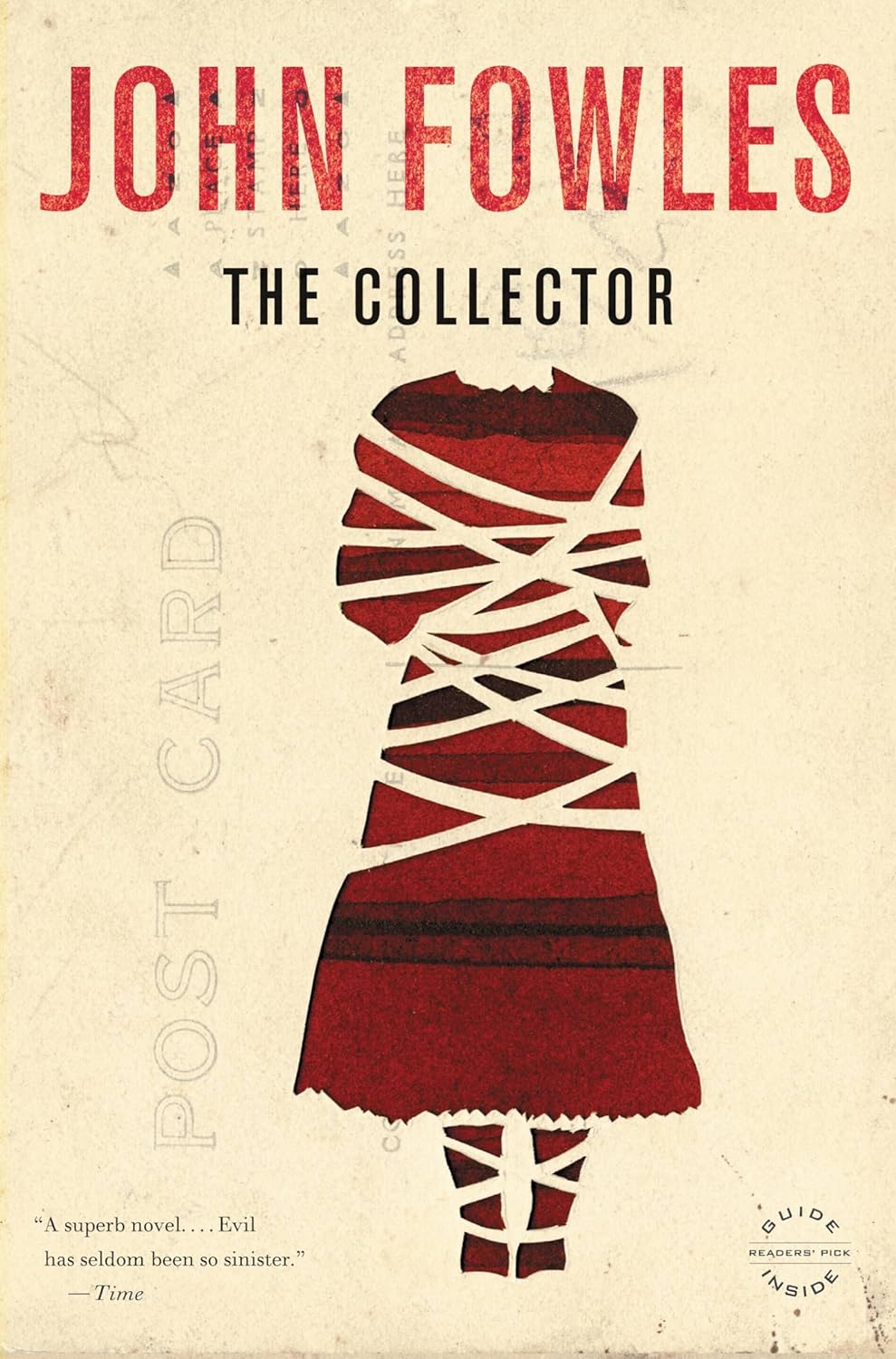 Book cover of 'The Collector' by John Fowles with a red dress wrapped in bandages on a beige background.  Readers across Bangladesh can get durable printed books from Bookish Wonderland with Cash on Delivery across Bangladesh, while enjoying sharp text and durable binding.