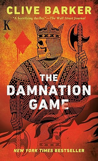Book cover of 'The Damnation Game' by Clive Barker with a stylized king skeleton holding an axe on an orange background. Bookish Wonderland serves readers across Bangladesh with reader-friendly printed books, making it simple to choose online through urgent delivery options in Dhaka and durable stitched-and-glue binding.