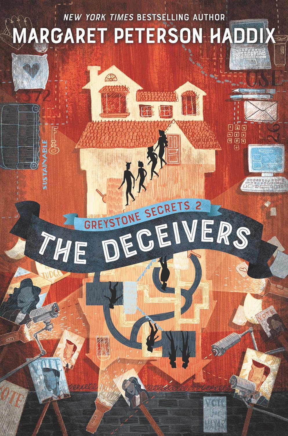 Book cover of 'The Deceivers' by Margaret Peterson Haddix with illustrations and text on a red background. Best quality book in Bangladesh.