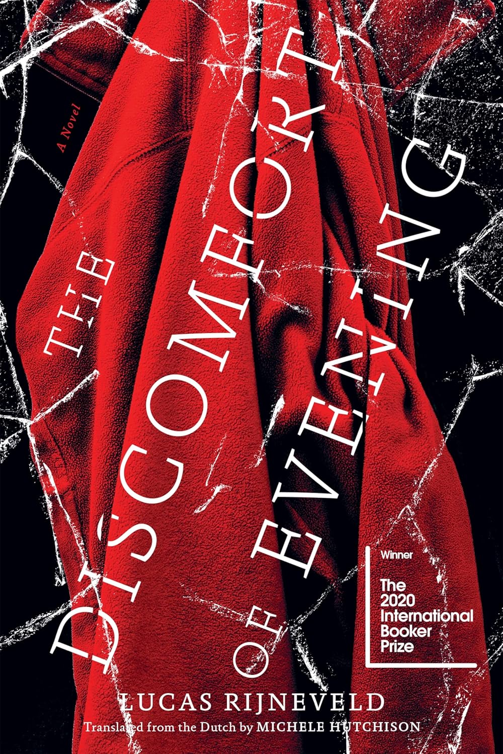 Book cover of 'The Discomfort of Evening' by Lucas Rijneveld with a red curtain and white text on a black background. Customers seeking printed English books throughout Bangladesh can order them through Bookish Wonderland, supported by online ordering with home delivery and crystal-clear print.