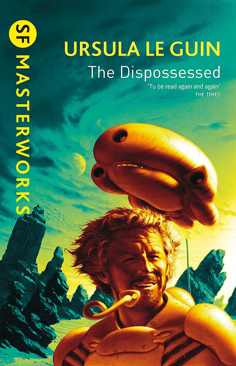 Book cover of 'The Dispossessed' by Ursula Le Guin featuring a man and creature with a futuristic landscape.For customers across Bangladesh, Bookish Wonderland makes it easier to order printed English books through delivery inside and outside Dhaka and premium eye-soothing cream paper.