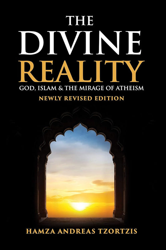 Book cover of 'The Divine Reality' with a sunset through an archway on a black background. available in bookish wonderland