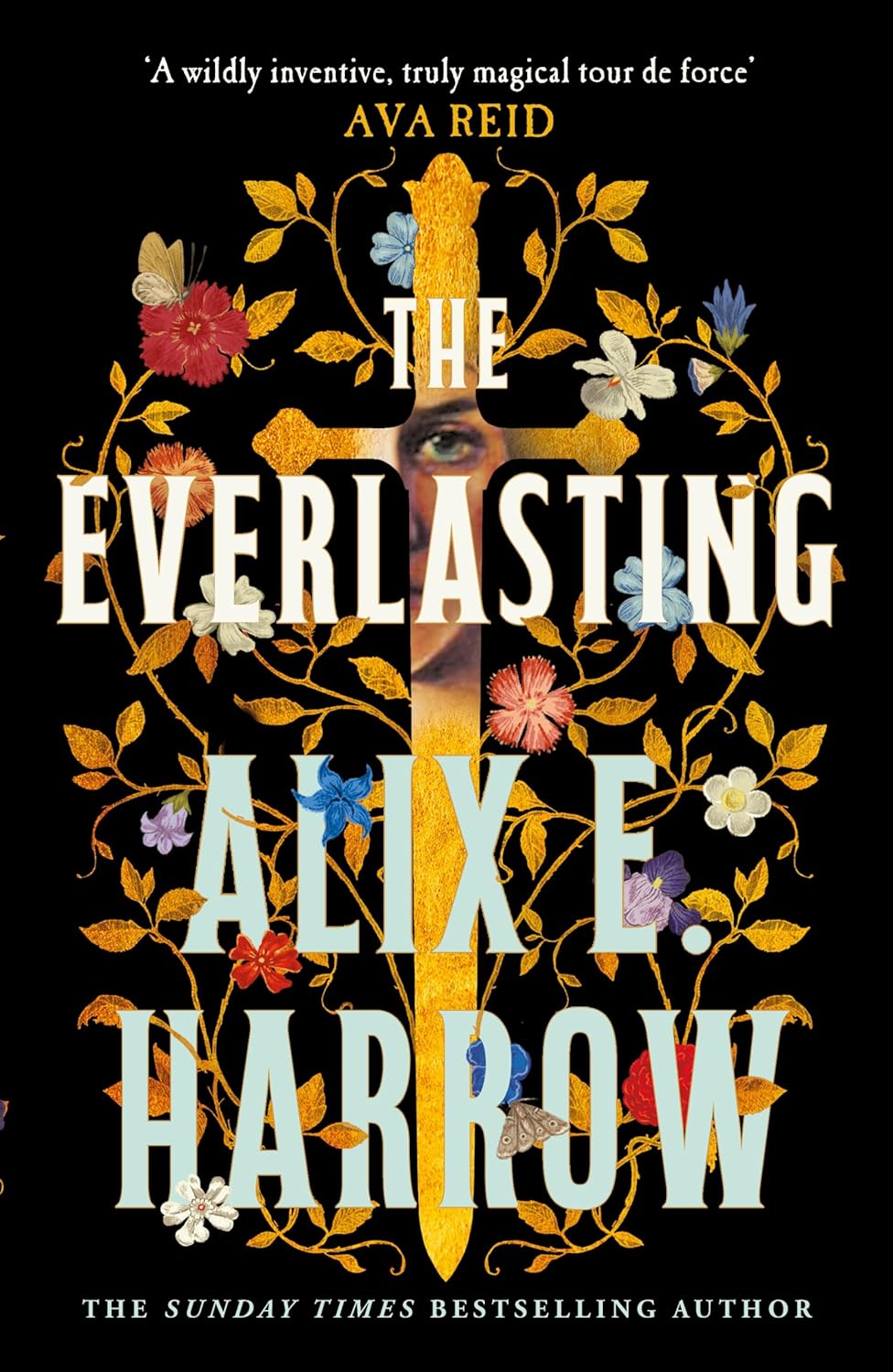 Book cover of 'The Everlasting' by Alix E. Harrow with floral design and cross on a black background.Bookish Wonderland supports book lovers across Bangladesh who want to purchase English books, offering delivery inside and outside Dhaka plus clear print with strong binding.